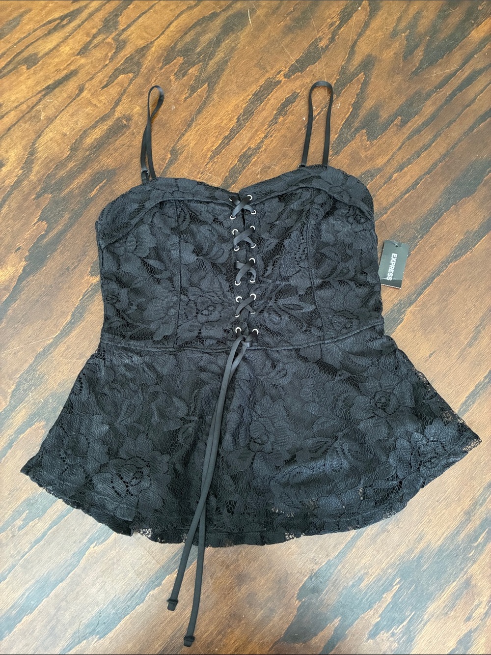 Express Black Lace Corset-Style Peplum Cami